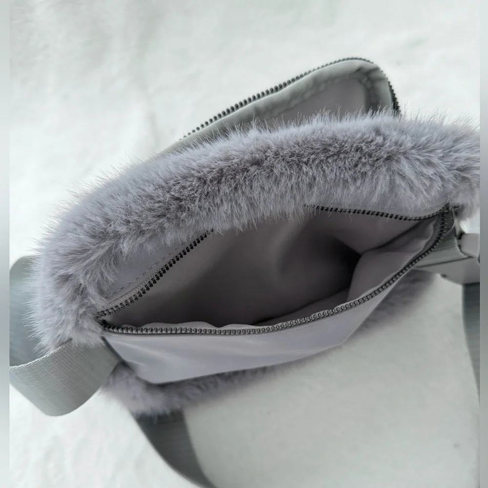 The Cashmere Project FAUX FUR Fuzzy Belt Bag Fanny Pack Gray Siper Soft NEW